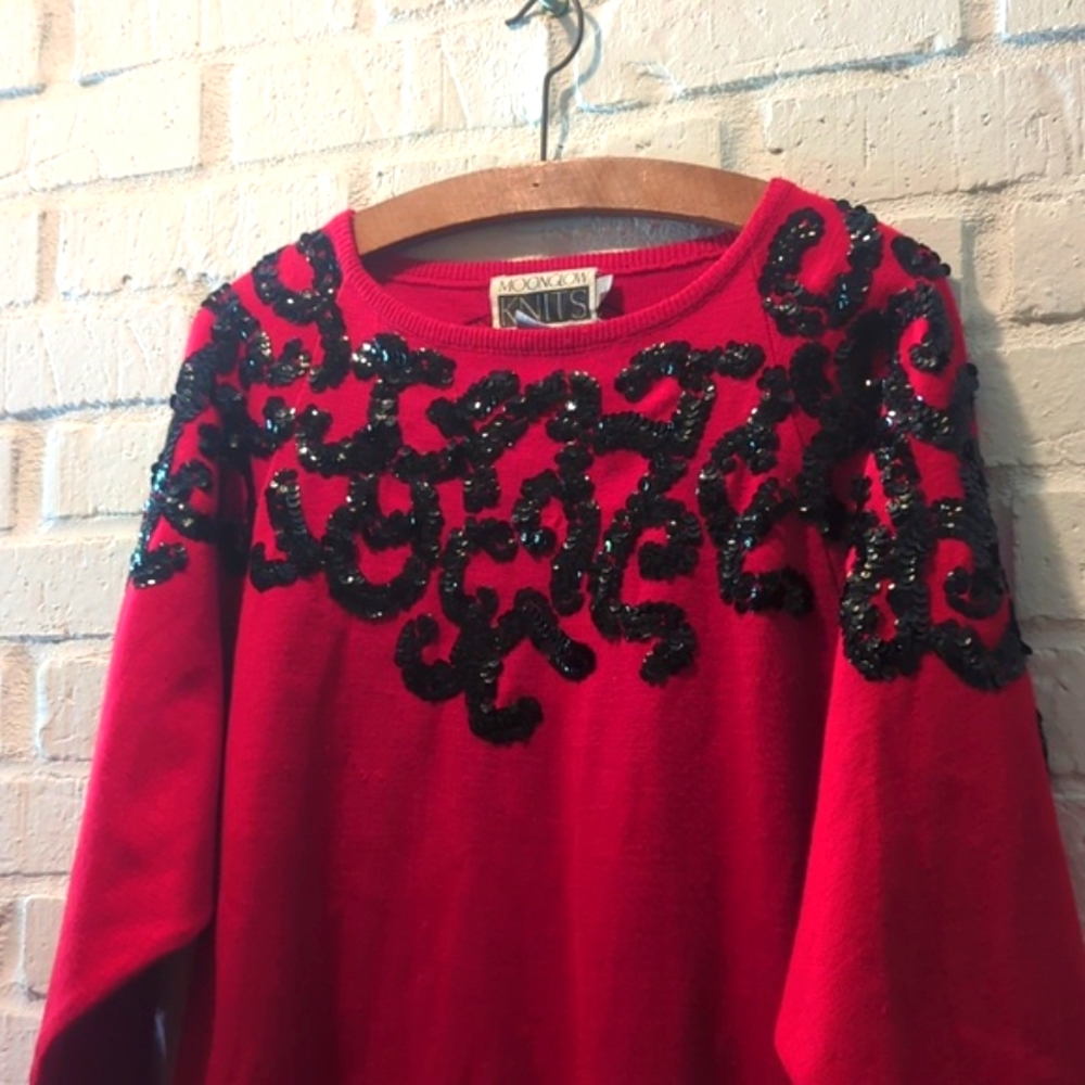 Fantastic scroll black sequin on red acrylic and wool  sweater